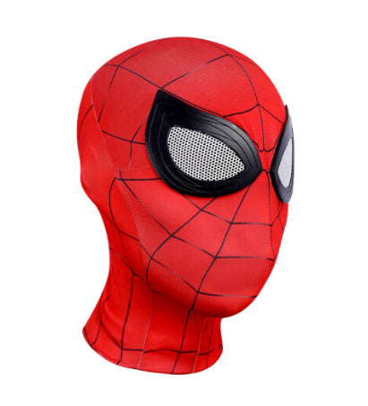 Front view of a kids red and blue webbed spandex superhero mask showing molded rubber eye frames, available in 6 distinct character designs.