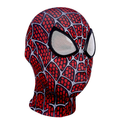 Front view of a kids red and blue webbed spandex superhero mask showing molded rubber eye frames, available in 6 distinct character designs.