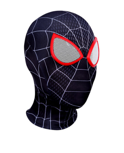Front view of a kids red and blue webbed spandex superhero mask showing molded rubber eye frames, available in 6 distinct character designs.