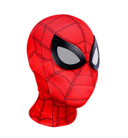 Front view of a kids red and blue webbed spandex superhero mask showing molded rubber eye frames, available in 6 distinct character designs.