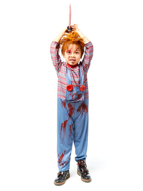 Front view of the colourful striped shirt and denim-look dungarees on the Killer Doll Child Costume against a plain background.