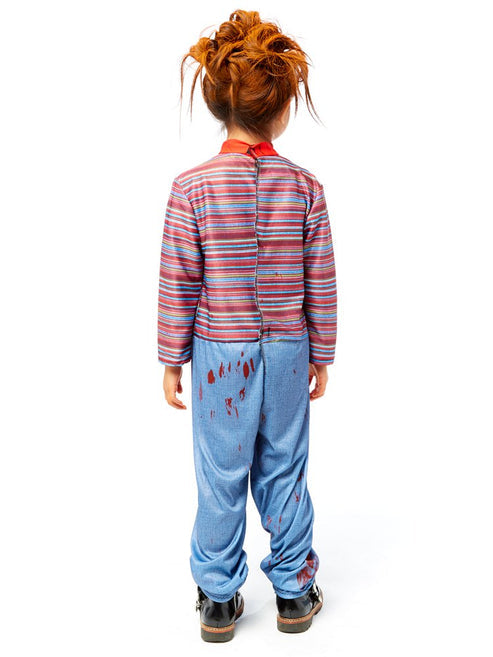Front view of the colourful striped shirt and denim-look dungarees on the Killer Doll Child Costume against a plain background.