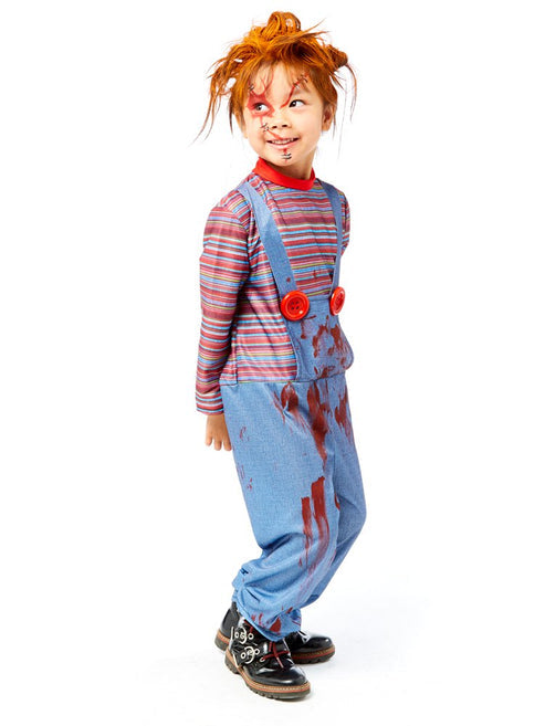 Front view of the colourful striped shirt and denim-look dungarees on the Killer Doll Child Costume against a plain background.