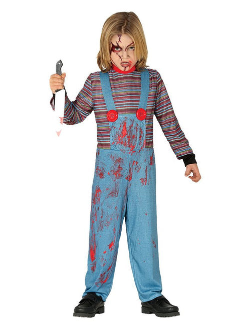 Front view of the colourful striped shirt and denim-look dungarees on the Killer Doll Child Costume against a plain background.