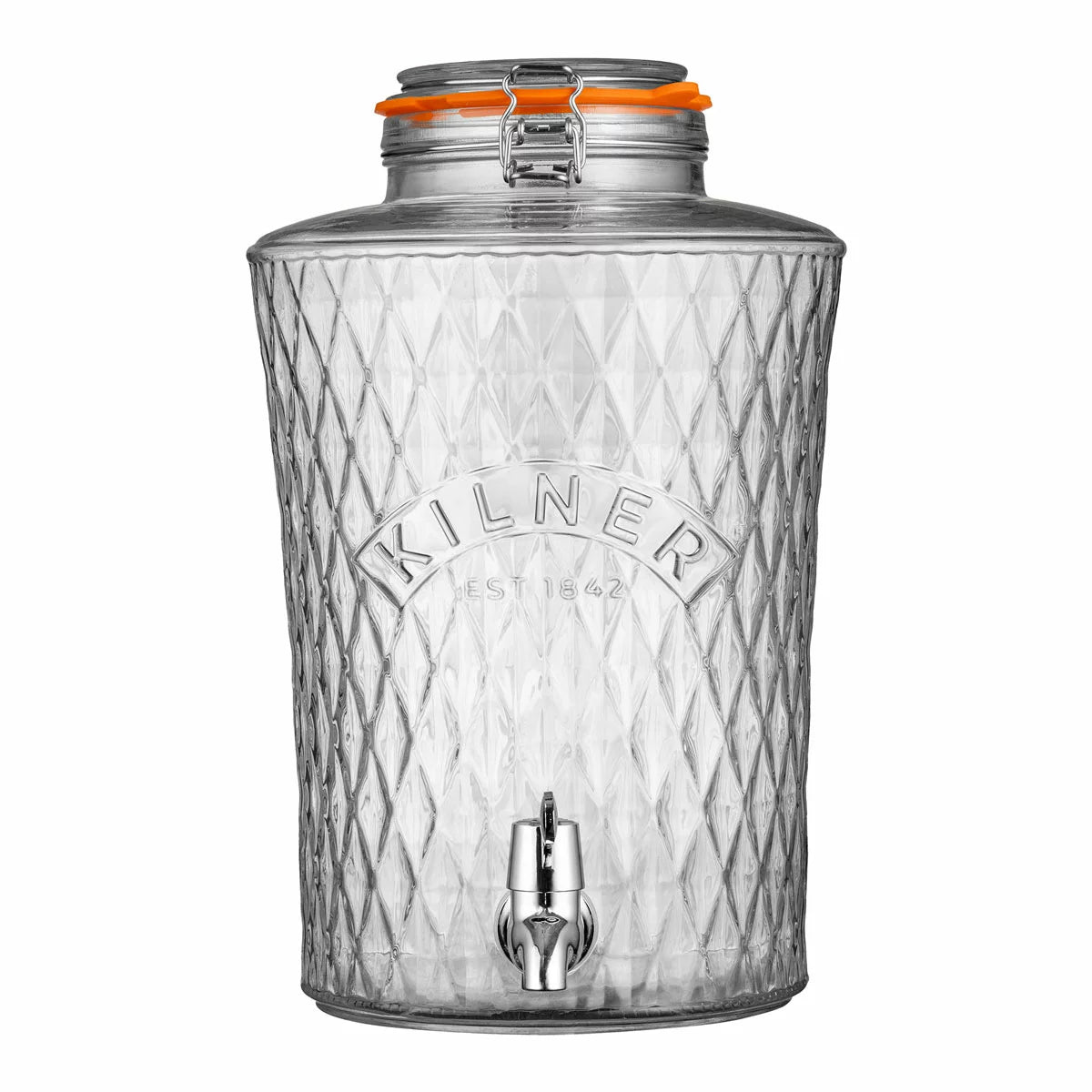 An 8-litre Kilner Diamond Drinks Dispenser filled with refreshing fruit-infused water, sitting on a wooden table, showcasing its faceted glass design and stainless steel clip-top.