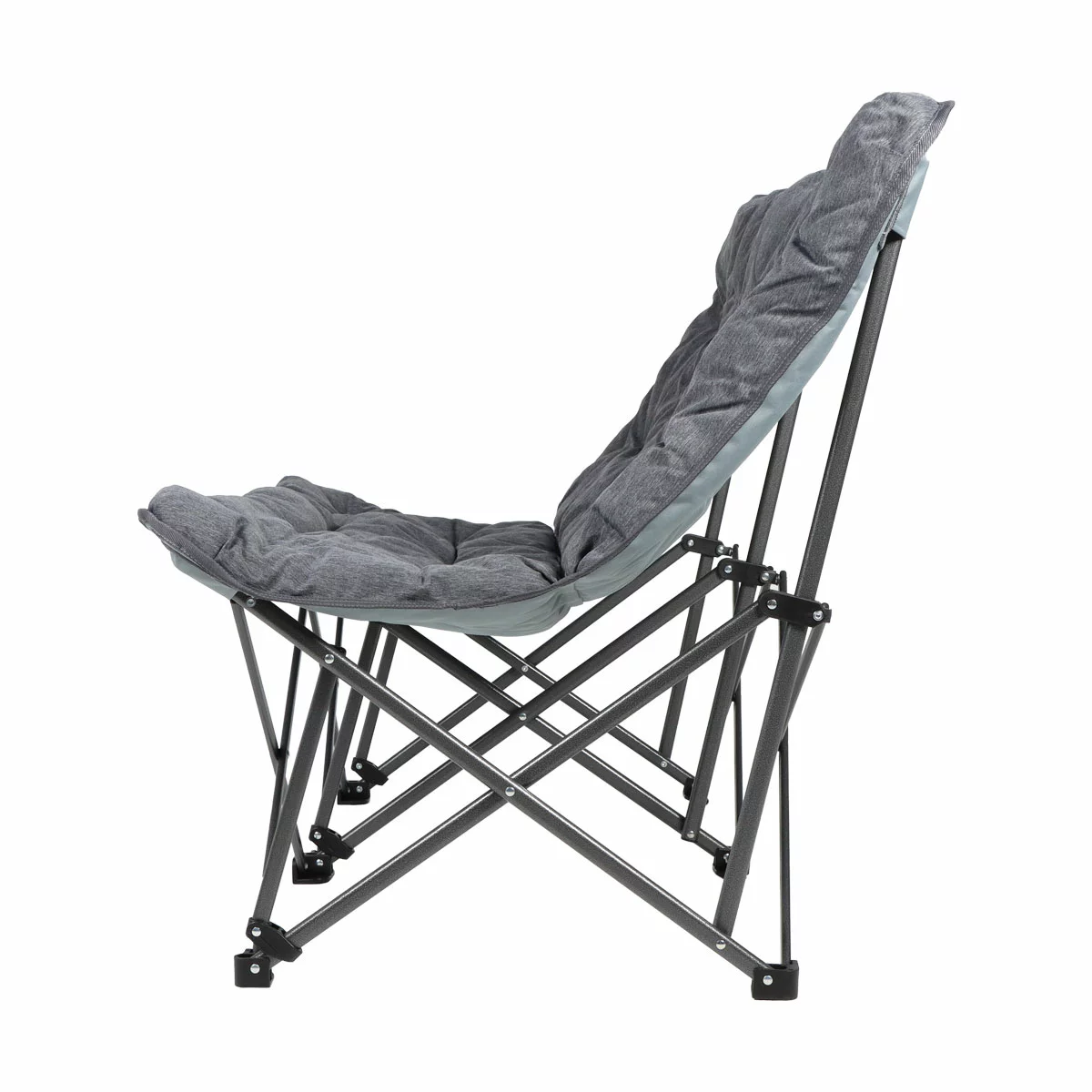 The KingCamp Oversized Padded Double Camping Chair in a neutral grey, set up on a grassy patch beside a lake, showcasing its padded backrest and robust steel frame.