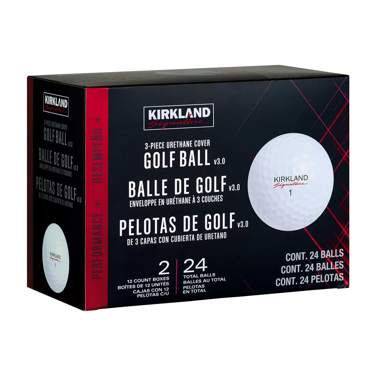 High-angle studio shot of two dozen white Kirkland Signature 3-piece urethane golf balls arranged neatly inside their distinct red and black packaging on a dark reflective surface.