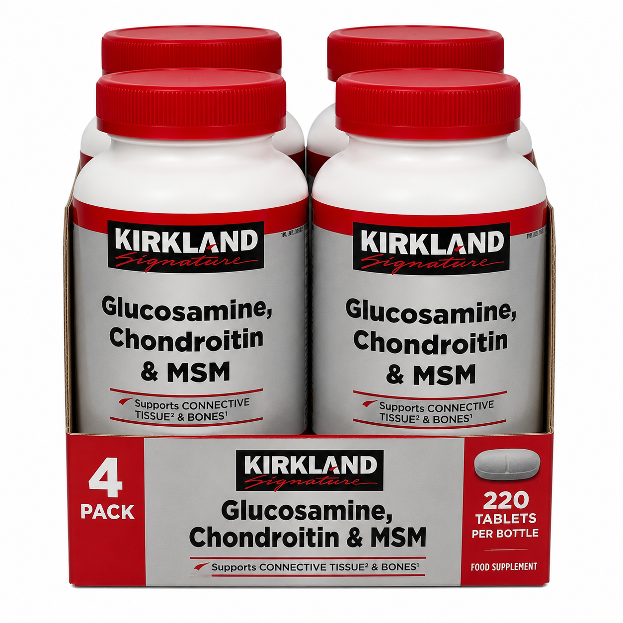 Front view of the Kirkland Signature Glucosamine Chondroitin and MSM 220-tablet bottle resting upright on a clear surface in bright light.