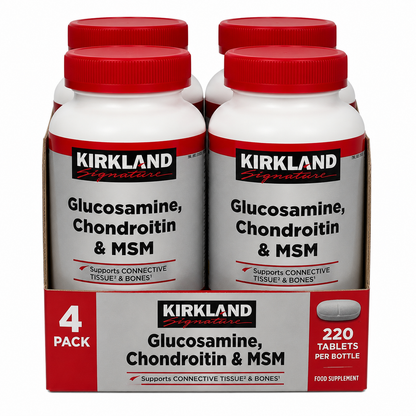 Front view of the Kirkland Signature Glucosamine Chondroitin and MSM 220-tablet bottle resting upright on a clear surface in bright light.