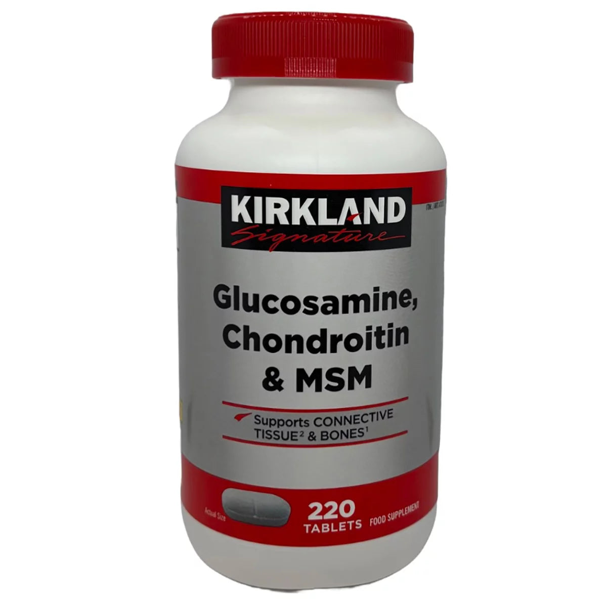 Front view of the Kirkland Signature Glucosamine Chondroitin and MSM 220-tablet bottle resting upright on a clear surface in bright light.
