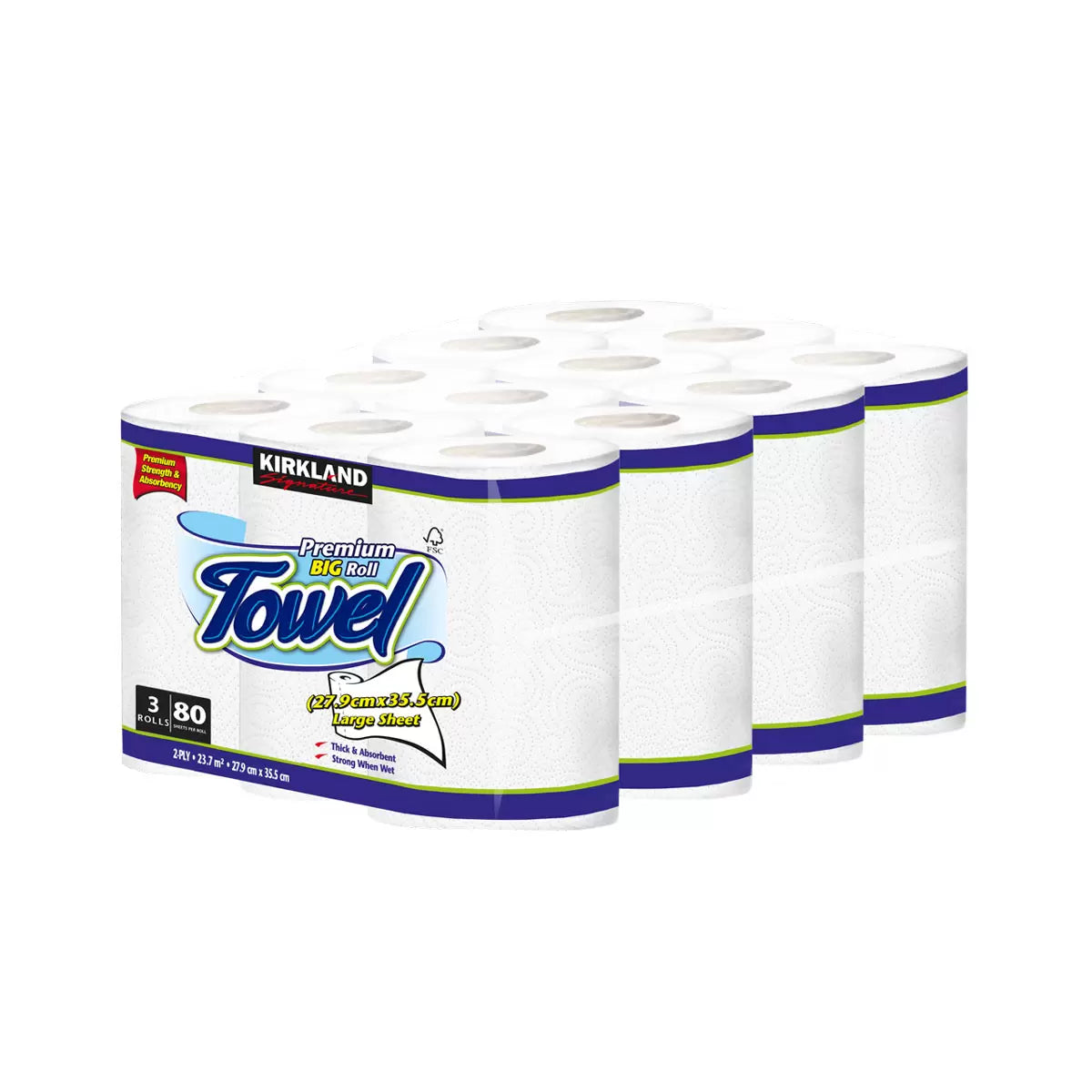 A neat pantry stack of Kirkland Signature 2-ply kitchen rolls showing the distinct blue-and-white packaging in a modern, clean kitchen setting.