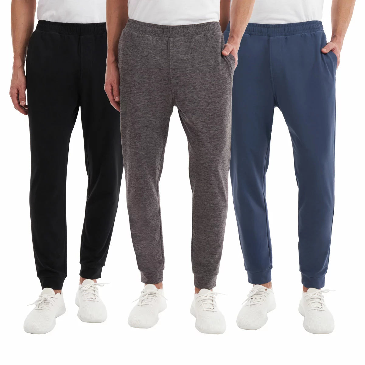 Front view of Kirkland Signature Men's lounge joggers in classic dark navy featuring tapered ankles and an adjustable drawcord.