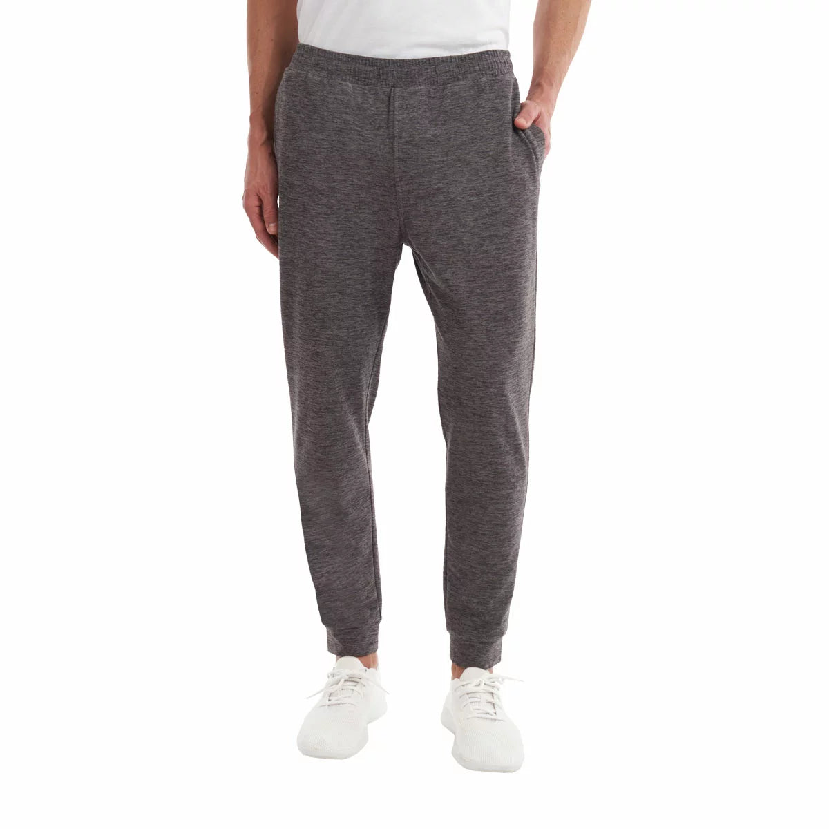 Front view of Kirkland Signature Men's lounge joggers in classic dark navy featuring tapered ankles and an adjustable drawcord.