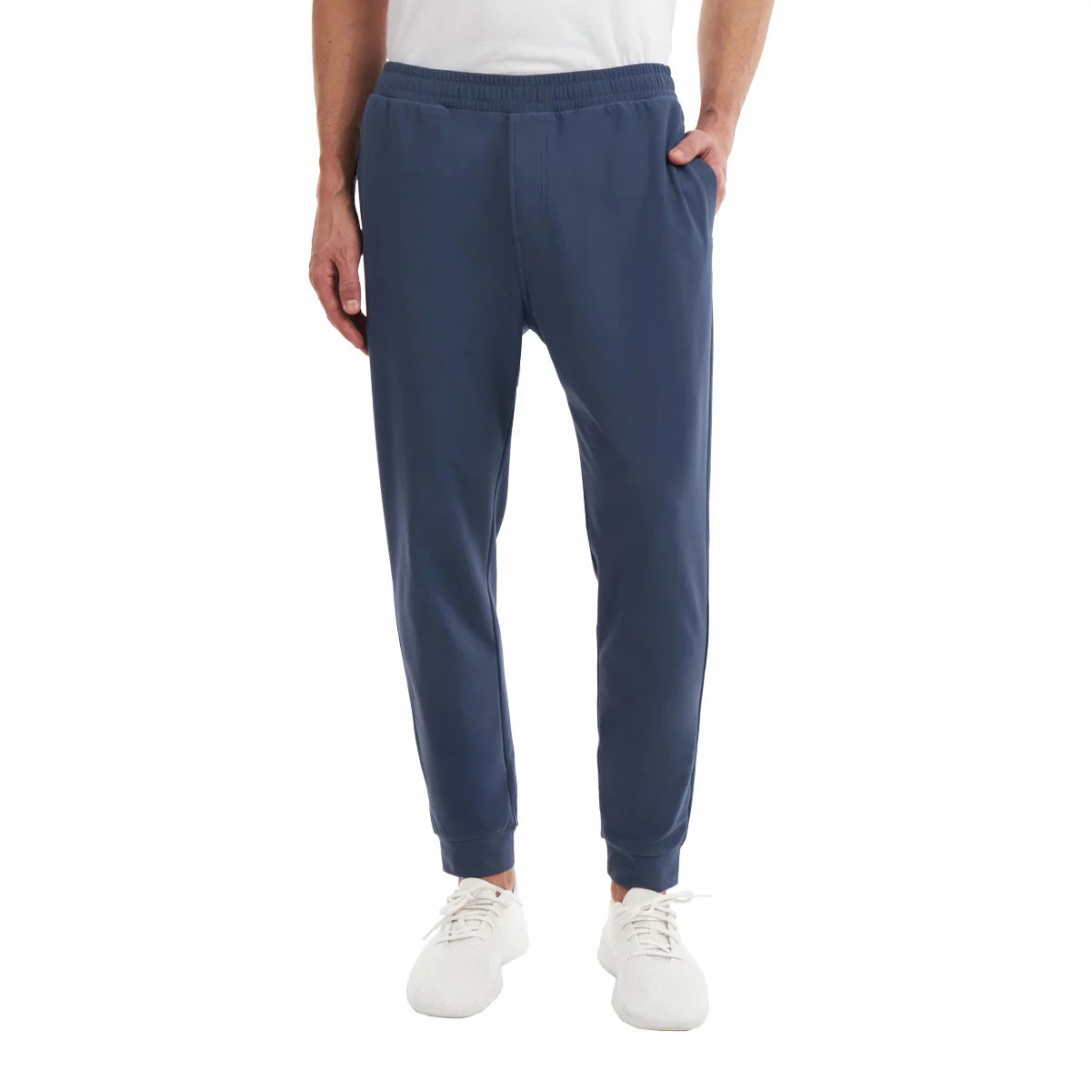 Front view of Kirkland Signature Men's lounge joggers in classic dark navy featuring tapered ankles and an adjustable drawcord.