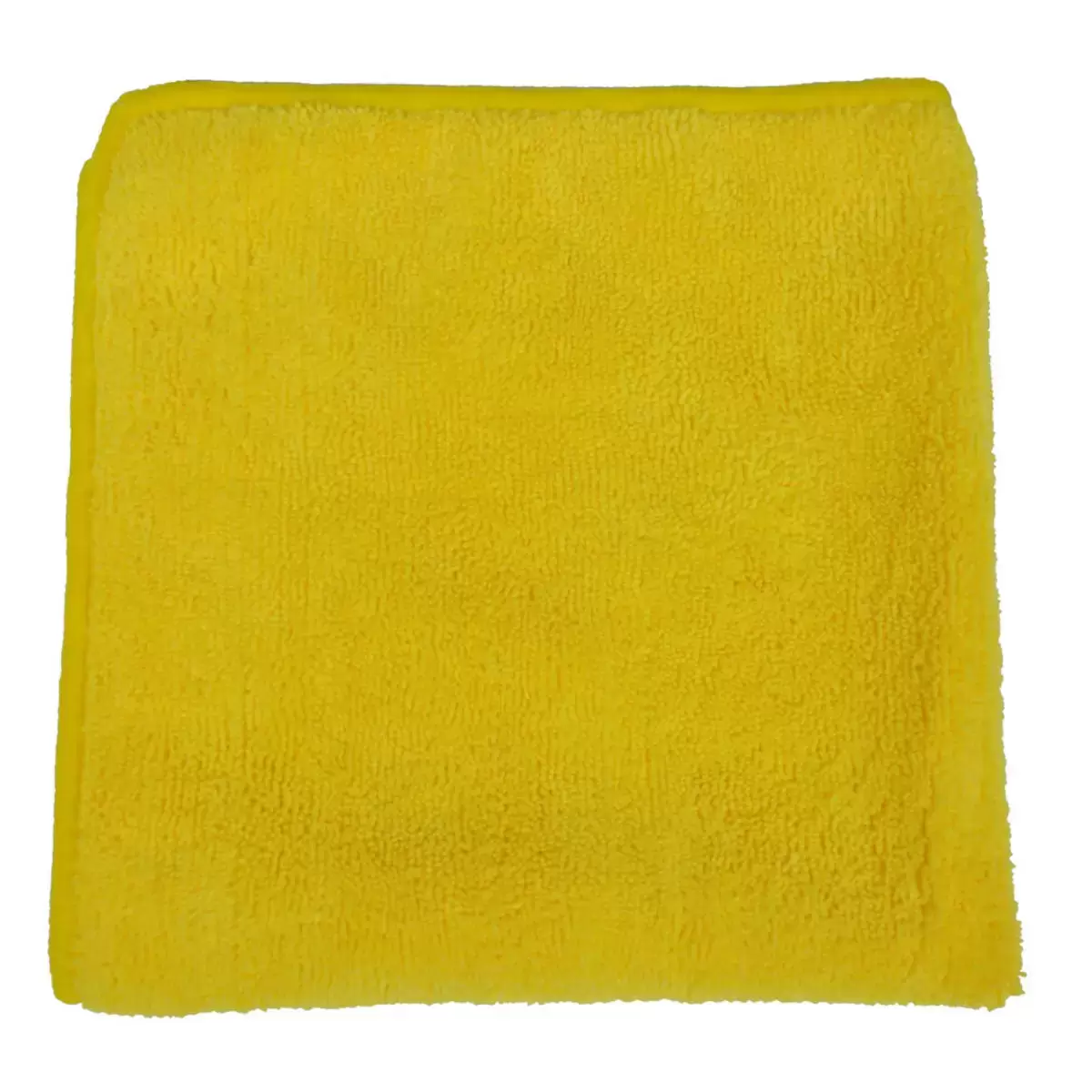 Stacked bright yellow Kirkland Signature ultra plush microfibre towels showing high-density fiber weave resting on a clean automotive workbench.