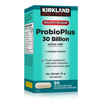 A bottle of Kirkland Signature ProbioPlus 30 Billion containing 90 delayed-release capsules set against a clean white background.