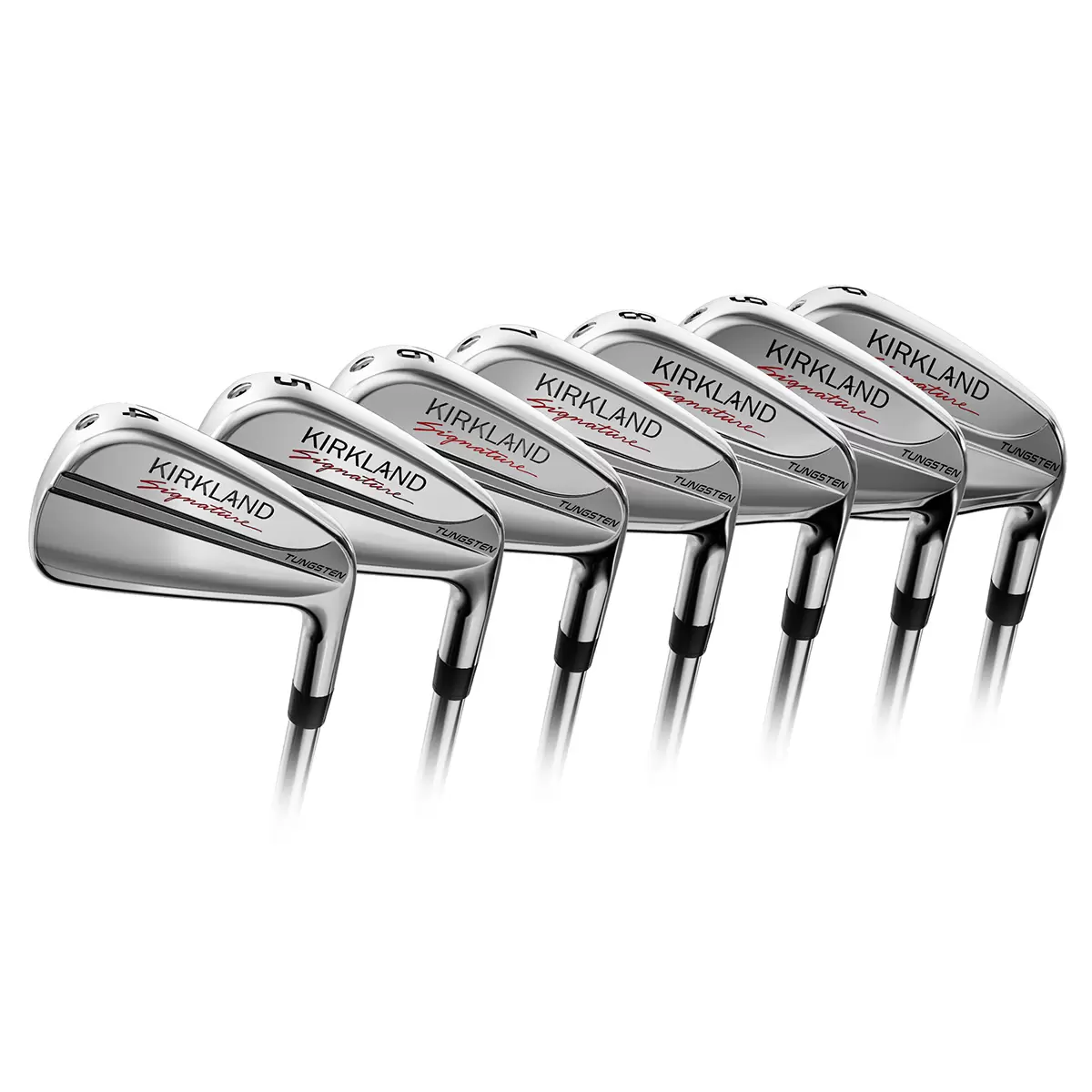 Side angle view of the chrome-finished Kirkland Signature stiff flex irons arranged neatly inside a premium leather golf bag on a manicured grass practice tee.