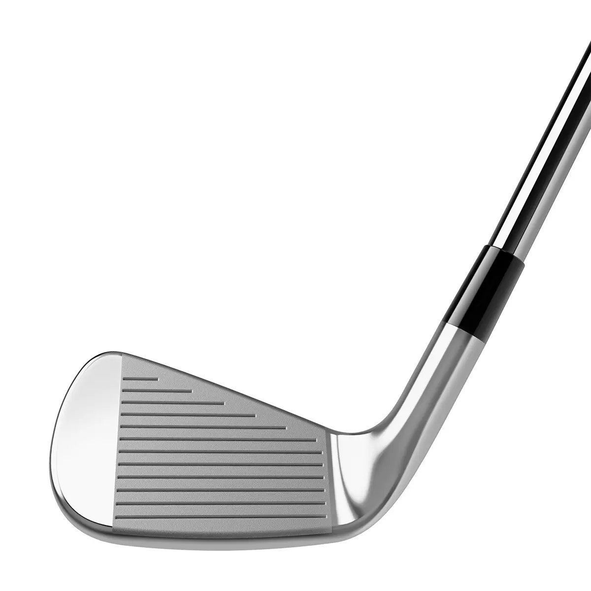 Side angle view of the chrome-finished Kirkland Signature stiff flex irons arranged neatly inside a premium leather golf bag on a manicured grass practice tee.
