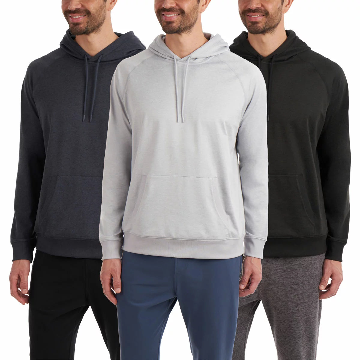 Front angle view of the navy Kirkland Signature active pullover hoodie showing the front kangaroo pocket and flexible crew neck hood on a neutral backdrop.