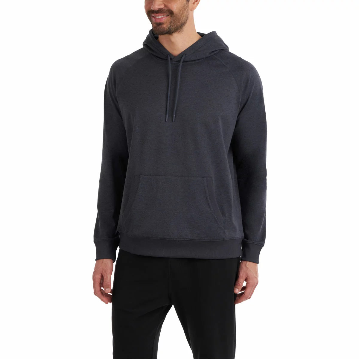Front angle view of the navy Kirkland Signature active pullover hoodie showing the front kangaroo pocket and flexible crew neck hood on a neutral backdrop.