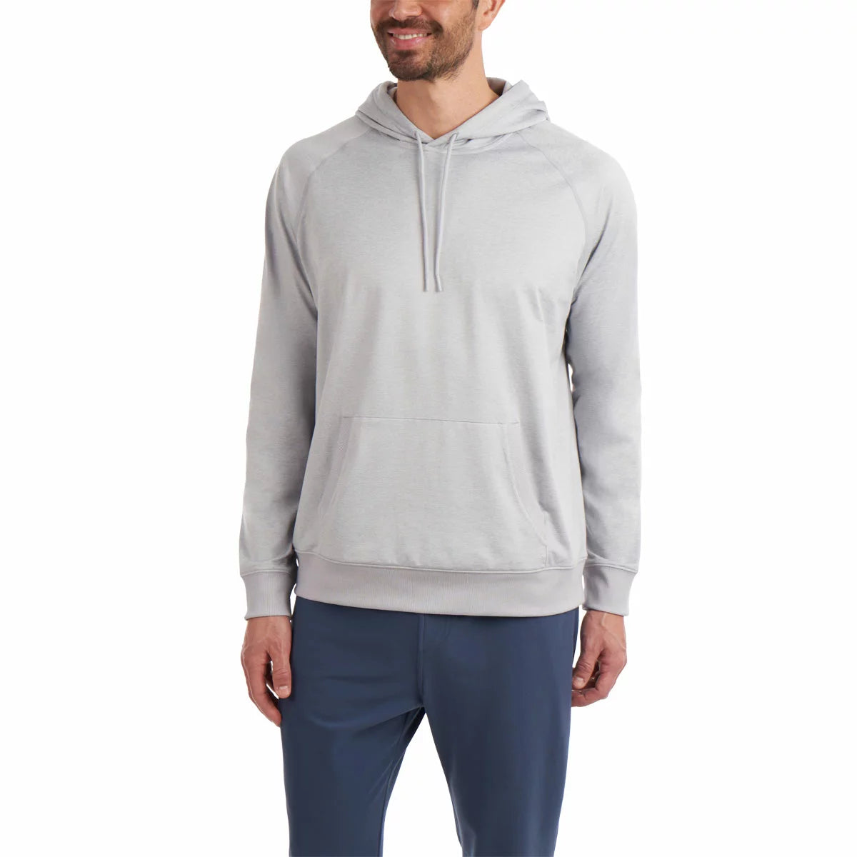 Front angle view of the navy Kirkland Signature active pullover hoodie showing the front kangaroo pocket and flexible crew neck hood on a neutral backdrop.