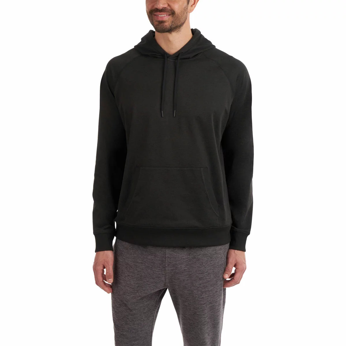 Front angle view of the navy Kirkland Signature active pullover hoodie showing the front kangaroo pocket and flexible crew neck hood on a neutral backdrop.