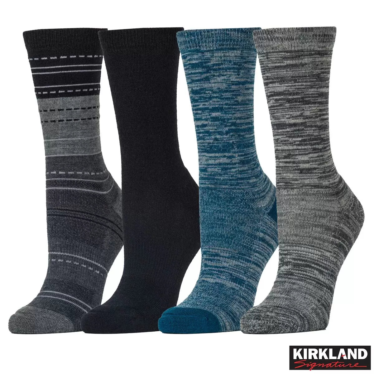 Kirkland Signature Ladies Merino Wool Blend Socks 4 Pack with soft cushioned moisture-wicking fabric for warm and comfortable everyday wear.