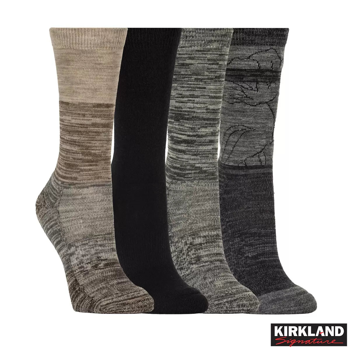 Kirkland Signature Ladies Merino Wool Blend Socks 4 Pack with soft cushioned moisture-wicking fabric for warm and comfortable everyday wear.