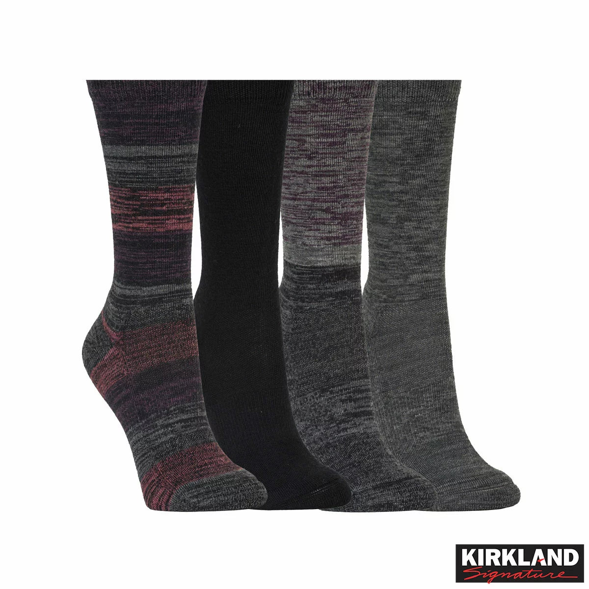 Kirkland Signature Ladies Merino Wool Blend Socks 4 Pack with soft cushioned moisture-wicking fabric for warm and comfortable everyday wear.