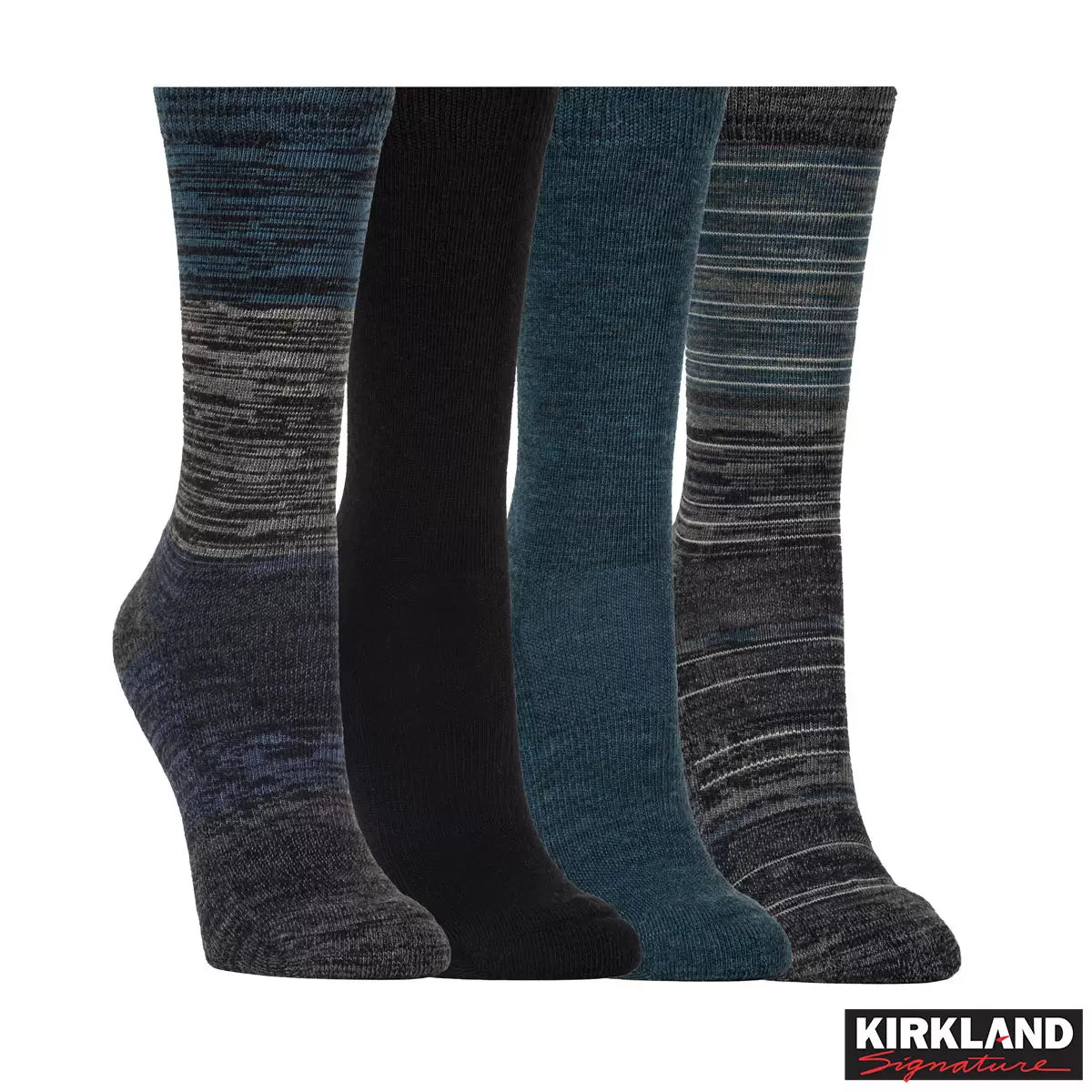 Kirkland Signature Ladies Merino Wool Blend Socks 4 Pack with soft cushioned moisture-wicking fabric for warm and comfortable everyday wear.