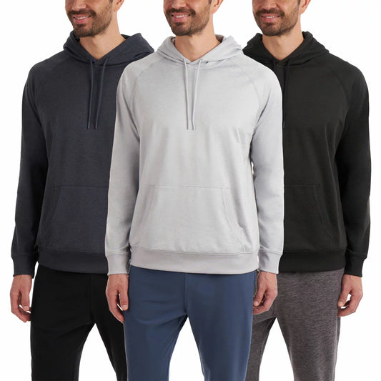 Kirkland Signature Men's Active Pullover Hoodie with soft fleece fabric, adjustable hood, and comfortable athletic fit.