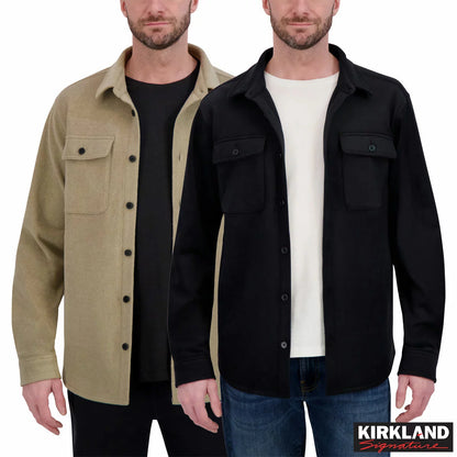 Front view of the black Kirkland Signature heavyweight shirt jacket featuring chest button pockets and button cuffs displayed on a neutral background.
