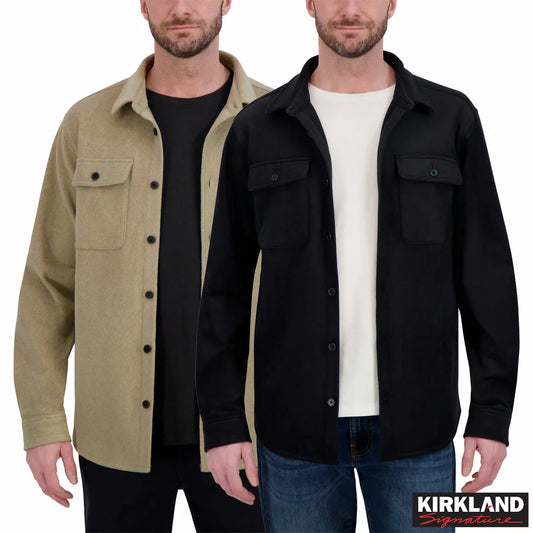 Front view of the black Kirkland Signature heavyweight shirt jacket featuring chest button pockets and button cuffs displayed on a neutral background.