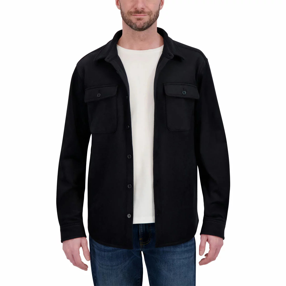 Front view of the black Kirkland Signature heavyweight shirt jacket featuring chest button pockets and button cuffs displayed on a neutral background.