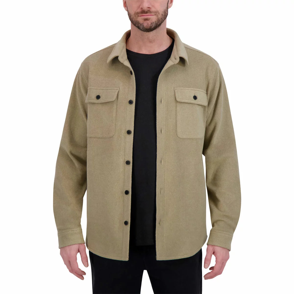 Front view of the black Kirkland Signature heavyweight shirt jacket featuring chest button pockets and button cuffs displayed on a neutral background.