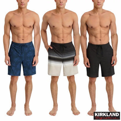 Front view of the navy Kirkland Signature Men's Swim Short laid flat showing the flat waistband, rubber-tipped drawcord, and quick-dry recycled fabric texture.