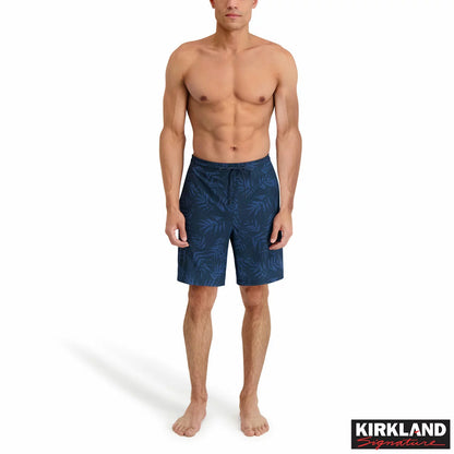 Front view of the navy Kirkland Signature Men's Swim Short laid flat showing the flat waistband, rubber-tipped drawcord, and quick-dry recycled fabric texture.