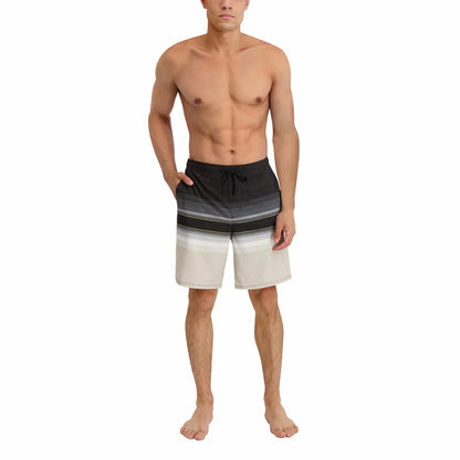 Front view of the navy Kirkland Signature Men's Swim Short laid flat showing the flat waistband, rubber-tipped drawcord, and quick-dry recycled fabric texture.