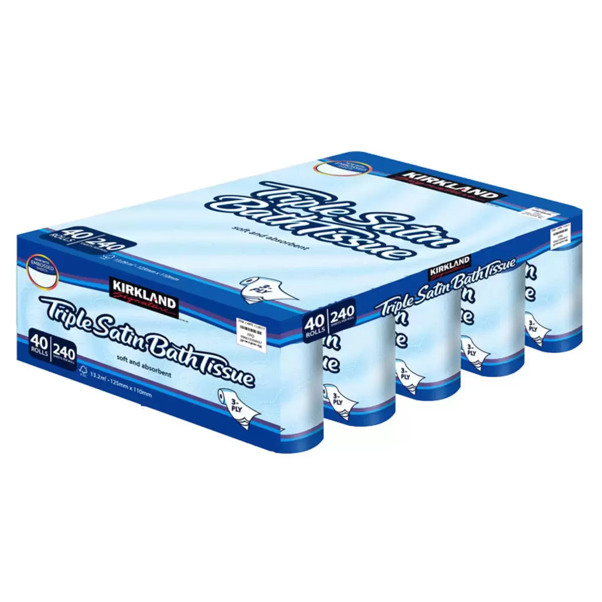 A bulk stack of Kirkland Signature Triple Satin 3-Ply Toilet Tissue packs showing the white, quilted paper rolls in clean, clear packaging on a bathroom shelf environment.