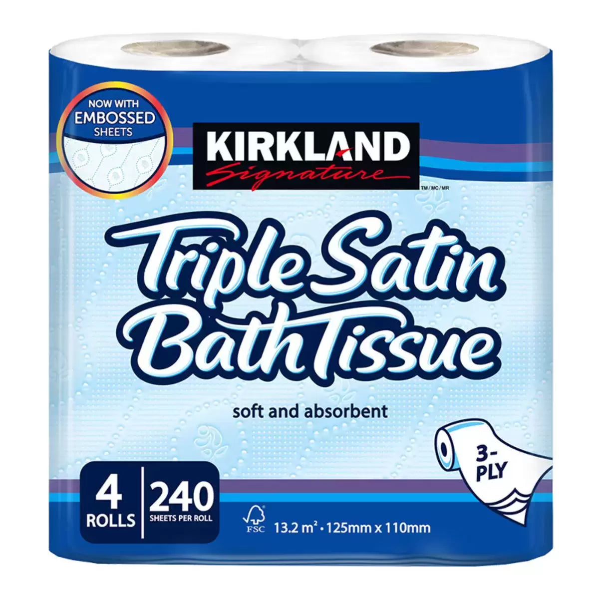 A bulk stack of Kirkland Signature Triple Satin 3-Ply Toilet Tissue packs showing the white, quilted paper rolls in clean, clear packaging on a bathroom shelf environment.