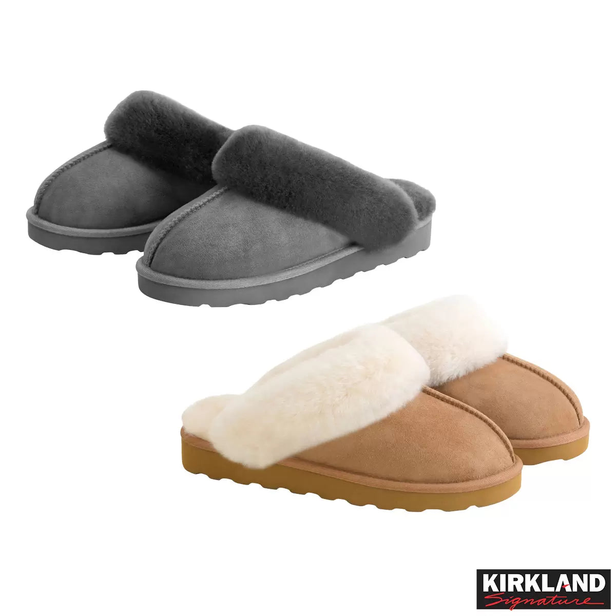 Pair of tan chestnut Kirkland Signature Women's Shearling Slippers featuring plush white wool lining resting on a light wooden floor.
