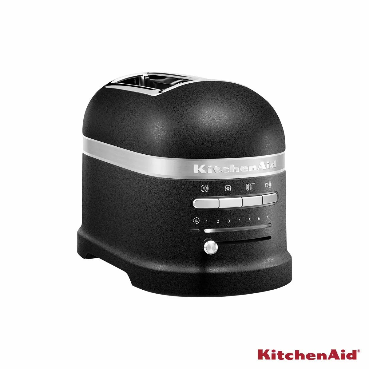 KitchenAid Artisan 2-slot automatic toaster in textured Cast Iron Black finish with stainless steel sandwich rack inserted into the left slot.