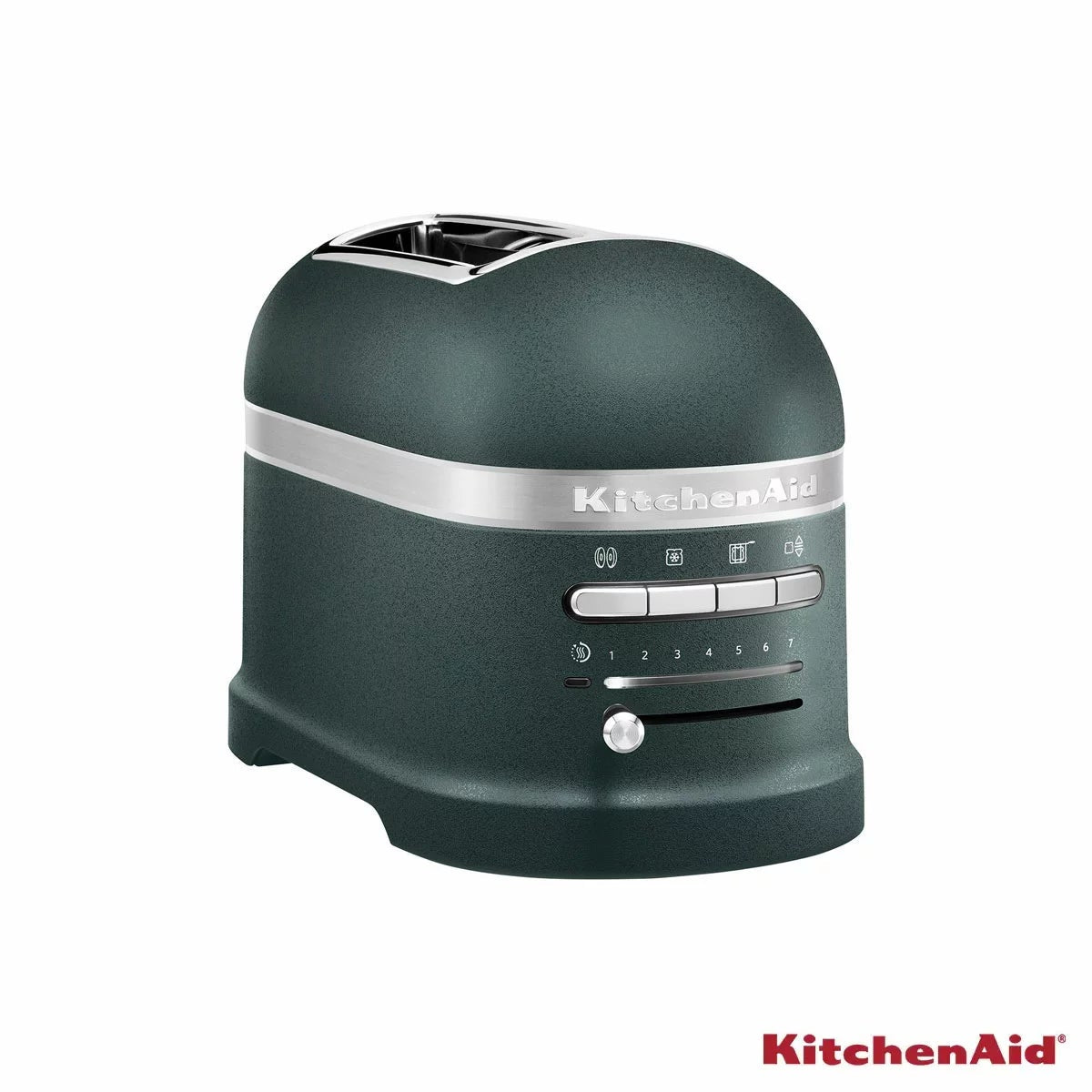 KitchenAid Artisan 2-slot automatic toaster in textured Cast Iron Black finish with stainless steel sandwich rack inserted into the left slot.