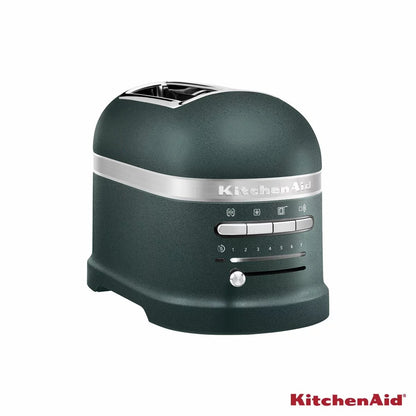 KitchenAid Artisan 2-slot automatic toaster in textured Cast Iron Black finish with stainless steel sandwich rack inserted into the left slot.