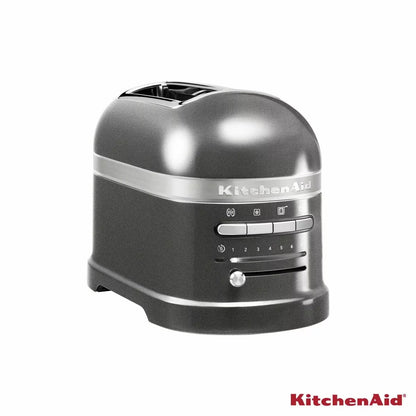 KitchenAid Artisan 2-slot automatic toaster in textured Cast Iron Black finish with stainless steel sandwich rack inserted into the left slot.