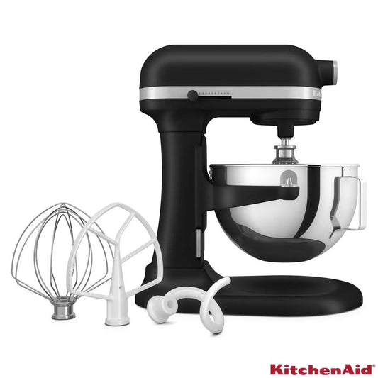 Cast Iron Black matte KitchenAid 5.2L Heavy Duty Bowl-Lift Stand Mixer 5KSM55SXXBBM with stainless steel bowl set on a slate kitchen countertop.