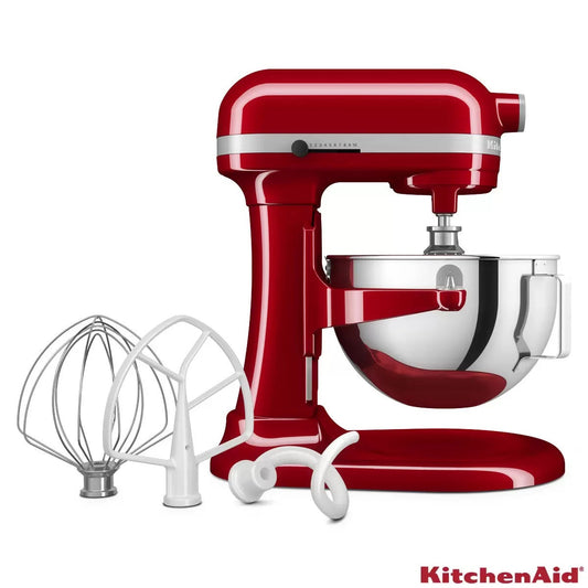 Iconic Empire Red KitchenAid 5.2L Heavy Duty Bowl-Lift Stand Mixer 5KSM55SXXBER set on a marble kitchen counter with its stainless steel bowl attached.