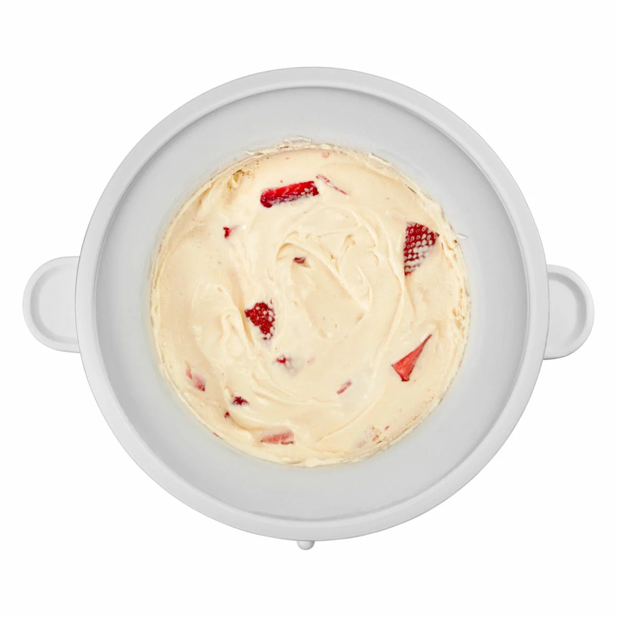 Side angle view of the white KitchenAid 5KSMICM ice cream maker bowl and churning dasher attachment mounted on a countertop stand mixer.