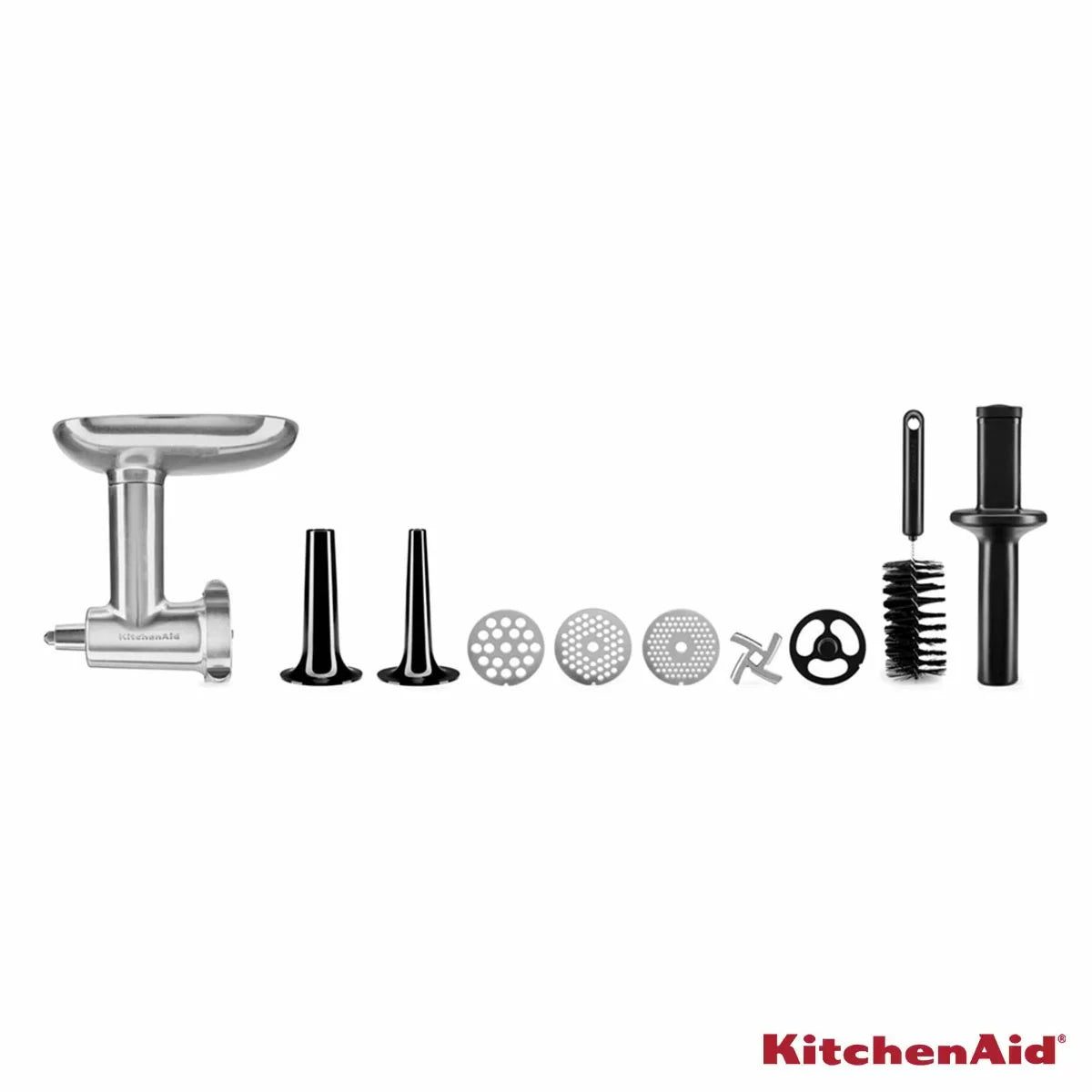 KitchenAid 5KSMMGA Meat Grinder and Sausage Stuffer Set attached to KitchenAid stand mixer for homemade meat grinding and sausage making