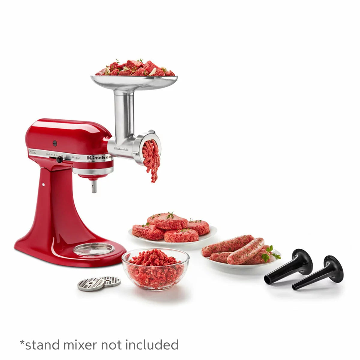 KitchenAid 5KSMMGA Meat Grinder and Sausage Stuffer Set attached to KitchenAid stand mixer for homemade meat grinding and sausage making
